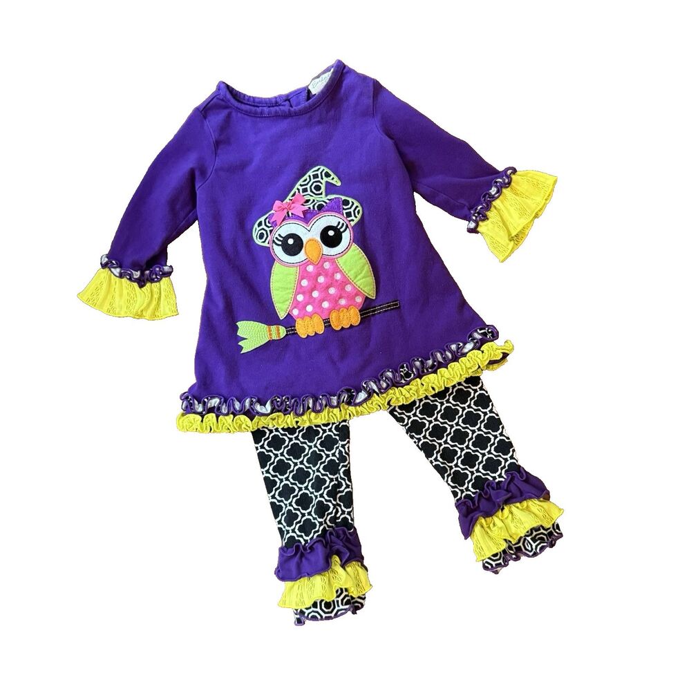 OWL Outfit 2pc Toddler Girl 2T Purple Ruffle EMILY ROSE Fluorescent Fall